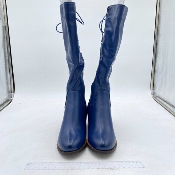 FSJ Royal Blue Retro Stacked Block Heels Lace-up Zipper Knee High Combat Boots - Picture 2 of 8